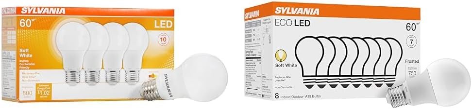 Sylvania LED A19 Light Bulb, 60W Equivalent Efficient 8.5W Medium Base, 2700K Soft White, 4 Pack & Sylvania ECO LED Light Bulb, A19 60W Equivalent, Efficient 9W, 7 Year, 750...