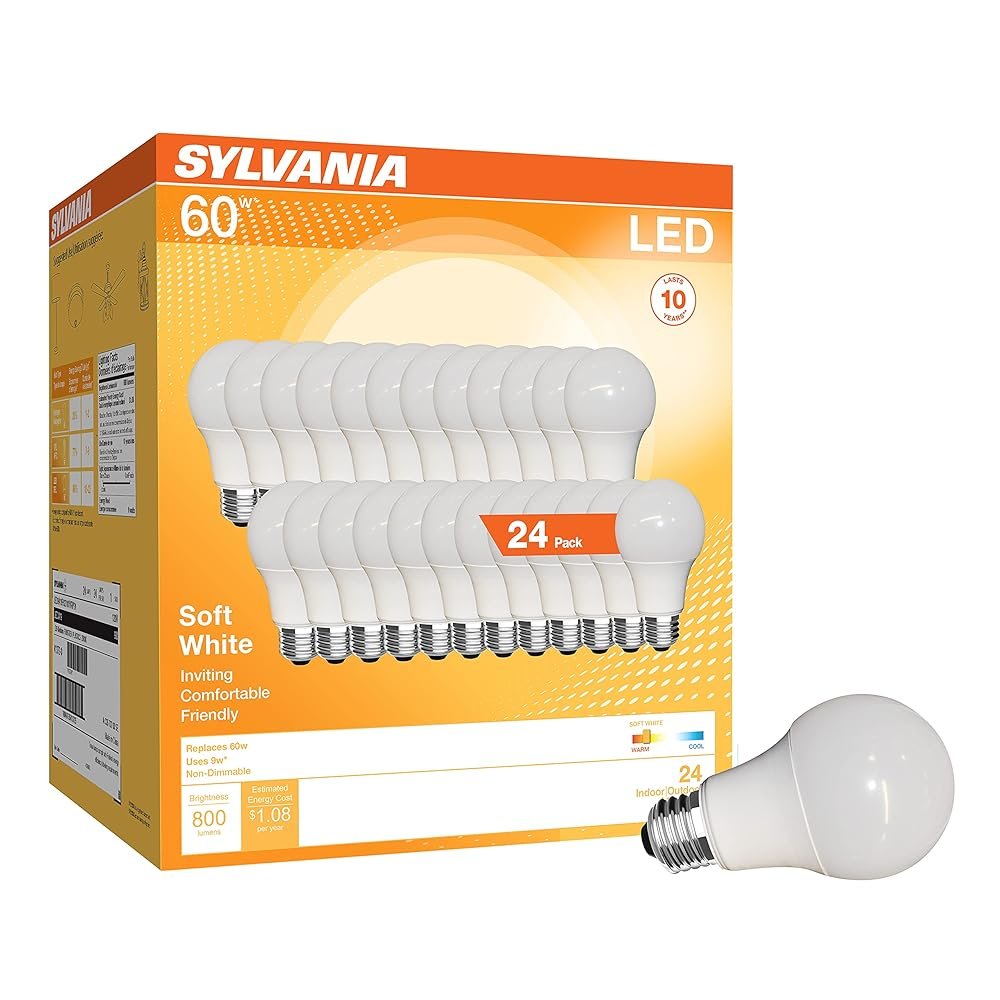 SYLVANIA LED A19 Light Bulb, 60W Equivalent, Efficient 9W, CEC Compliant, 10 Year, Non-Dimmable, 2700K, 800 Lumens, 90 CRI, Soft White - 24 Pack (Package May Vary)