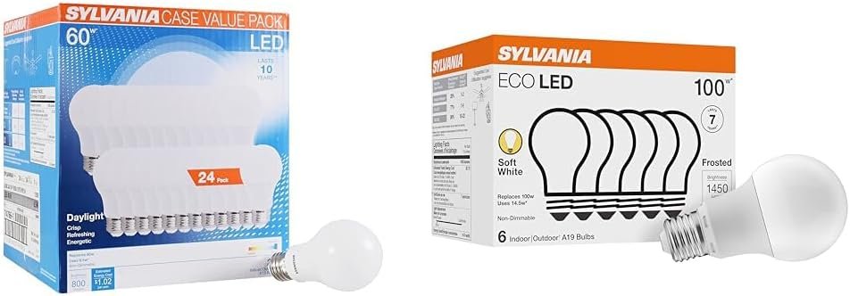 Sylvania LED A19 Light Bulb & Sylvania ECO LED A19 Light Bulb, 100W Equivalent, Efficient 14.5W, 7 Year, 1450 Lumens, Non-Dimmable, Frosted, 2700K, Soft White - 6 Pack (40885)