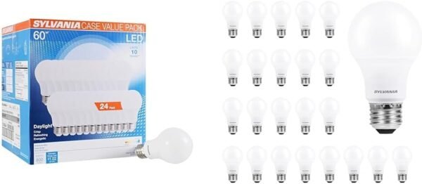 Sylvania LED Light Bulb 24 Pack, 60W Equivalent, 8000 Lumens, 5000K Daylight, Efficient 8.5W and 9W, 10 Year and 7 Year Life, Non-Dimmable, A19 Frosted Bulbs