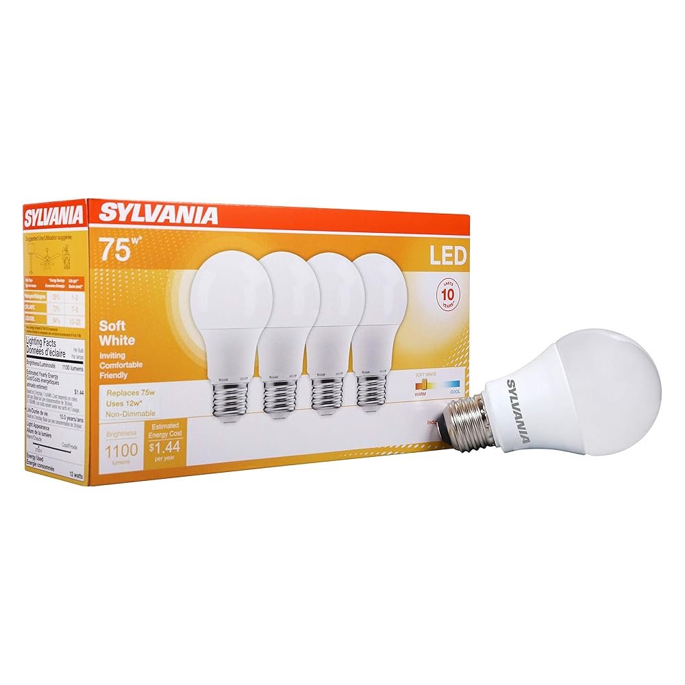 SYLVANIA LED Light Bulb, 75W Equivalent A19, Efficient 12W, Medium Base, Frosted Finish, 1100 Lumens, Soft White - 4 Pack (78097)