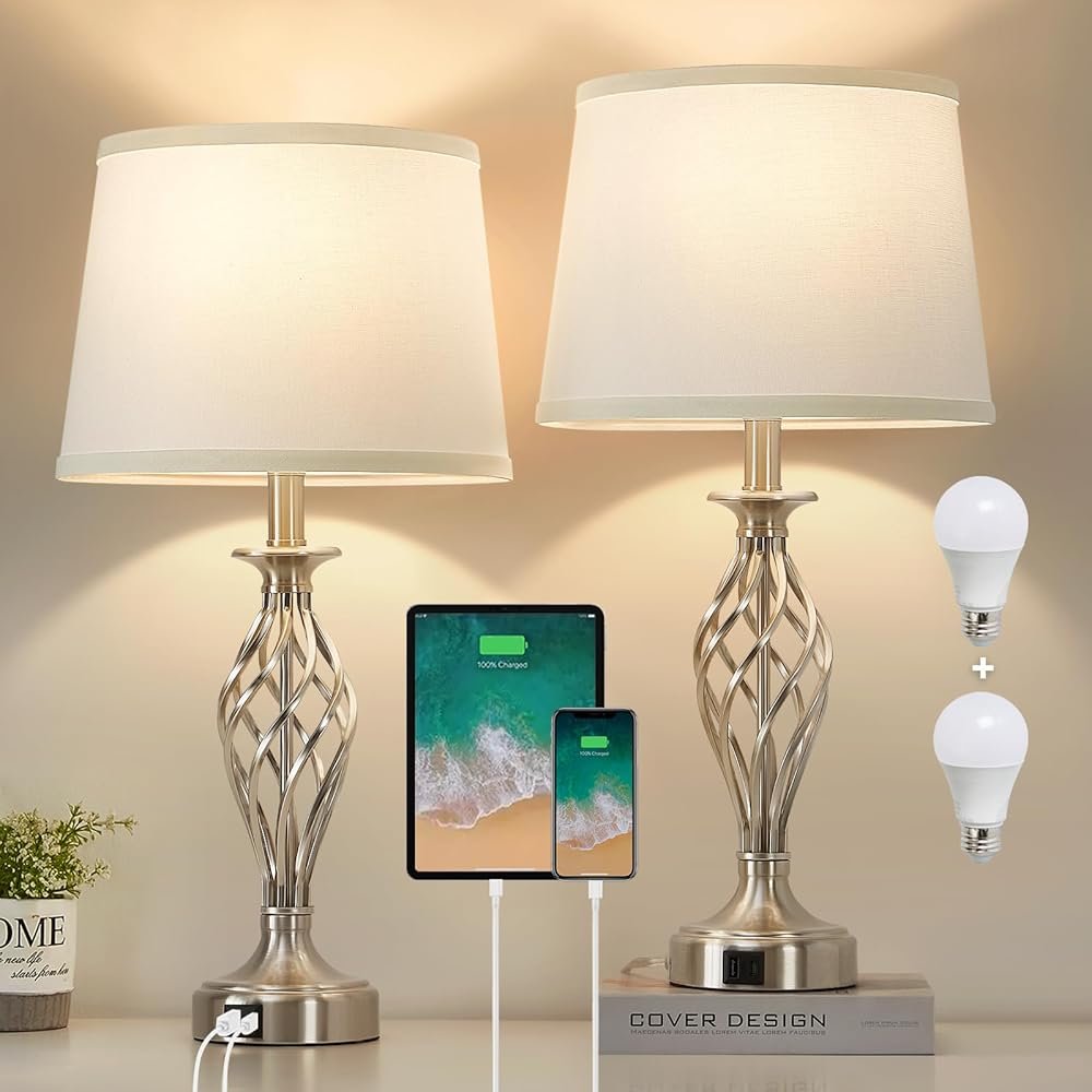 Table Lamp for Bedroom Set of 2 with USB C+A Ports, Modern Bedside Lamps with Spiral Cage Base, White Fabric Shade, Nightstand Lamp for Living Room Reading Bed Side End Table, 2...