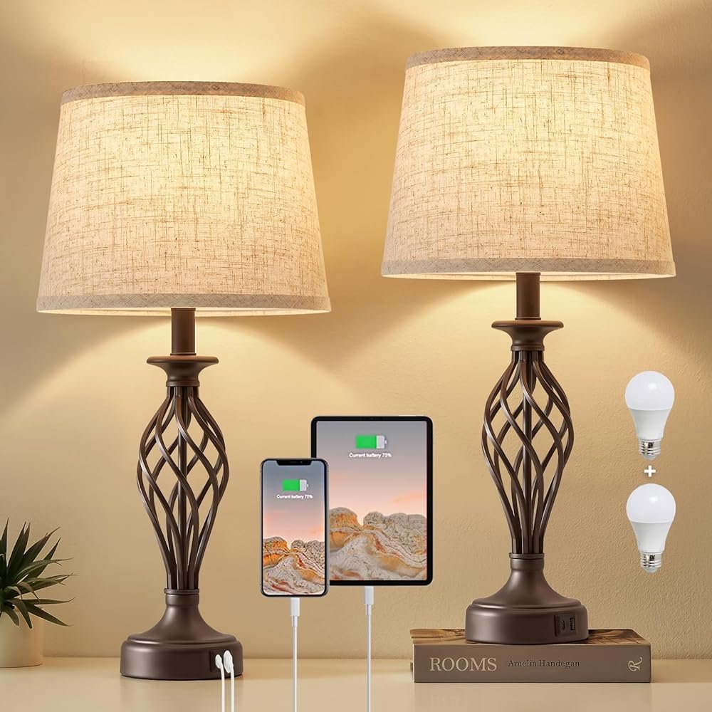 Table Lamp for Bedroom Set of 2 with USB C+A Ports - Modern Brown Bedside Lamps with Spiral Cage Base Fabric Shade - Nightstand Lamp for Living Room Reading Bed Side End Table 2...