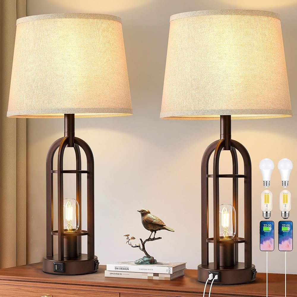 Table Lamps for Living Room End Table Set of 2 - Farmhouse Industrial Bedside Lamps for Bedroom Nightstand with Nightlight and USB A+C, 4 Bulbs Included