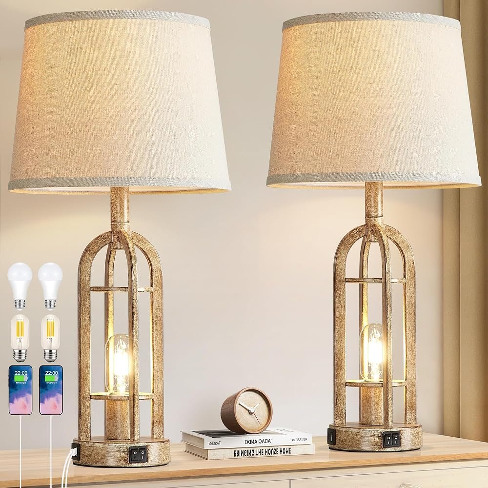 Table Lamps for Living Room End Table Set of 2 - Rustic Farmhouse Bedside Lamps for Bedroom Nightstand with Nightlight and USB A+C, 4 Bulbs Included