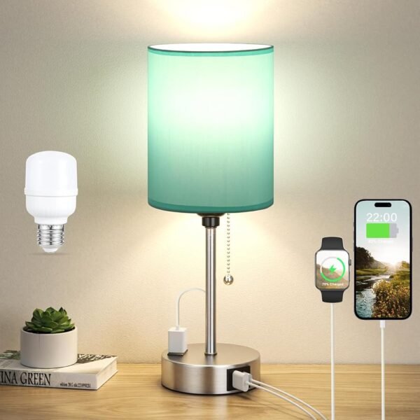 Teal Bedside Lamp for Nightstand - 3 Color Temperature Table Lamp with USB C and A Ports, Pull Chain Lamp for Bedroom with AC Outlet, Coastal Desk Lamp with Silver Metal Base...