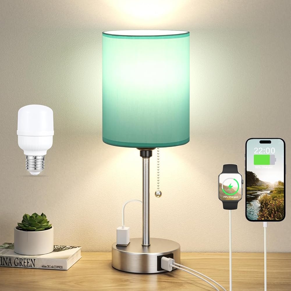 Teal Bedside Lamp for Nightstand - 3 Color Temperature Table Lamp with USB C and A Ports, Pull Chain Lamp for Bedroom with AC Outlet, Coastal Desk Lamp with Silver Metal Base...
