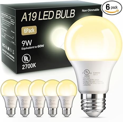 TJOY 6 Pack A19 LED Light Bulbs, 60 Watt Equivalent LED Bulb, Soft Warm White 2700K, Efficient 9W, E26 Standard Base, Non Dimmable Energy Saving Lightbulb, 800LM, 80 CRI, 120V,...