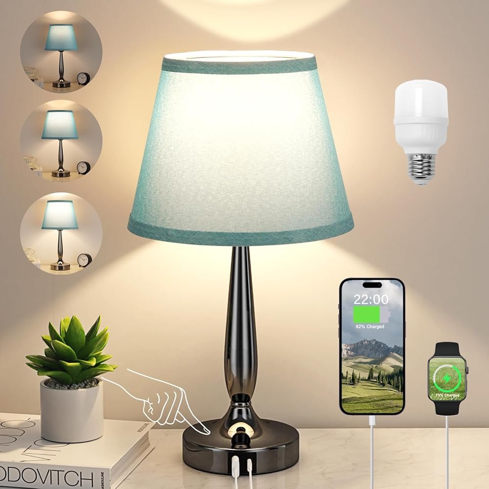 Touch Bedside Lamp for Bedroom with USB C Port, Small Touch Table Lamp with 2 USB Charging Ports, 3 Way Dimmable Nightstand Lamp for Living Room and Office - Turquoise Blue (LED...