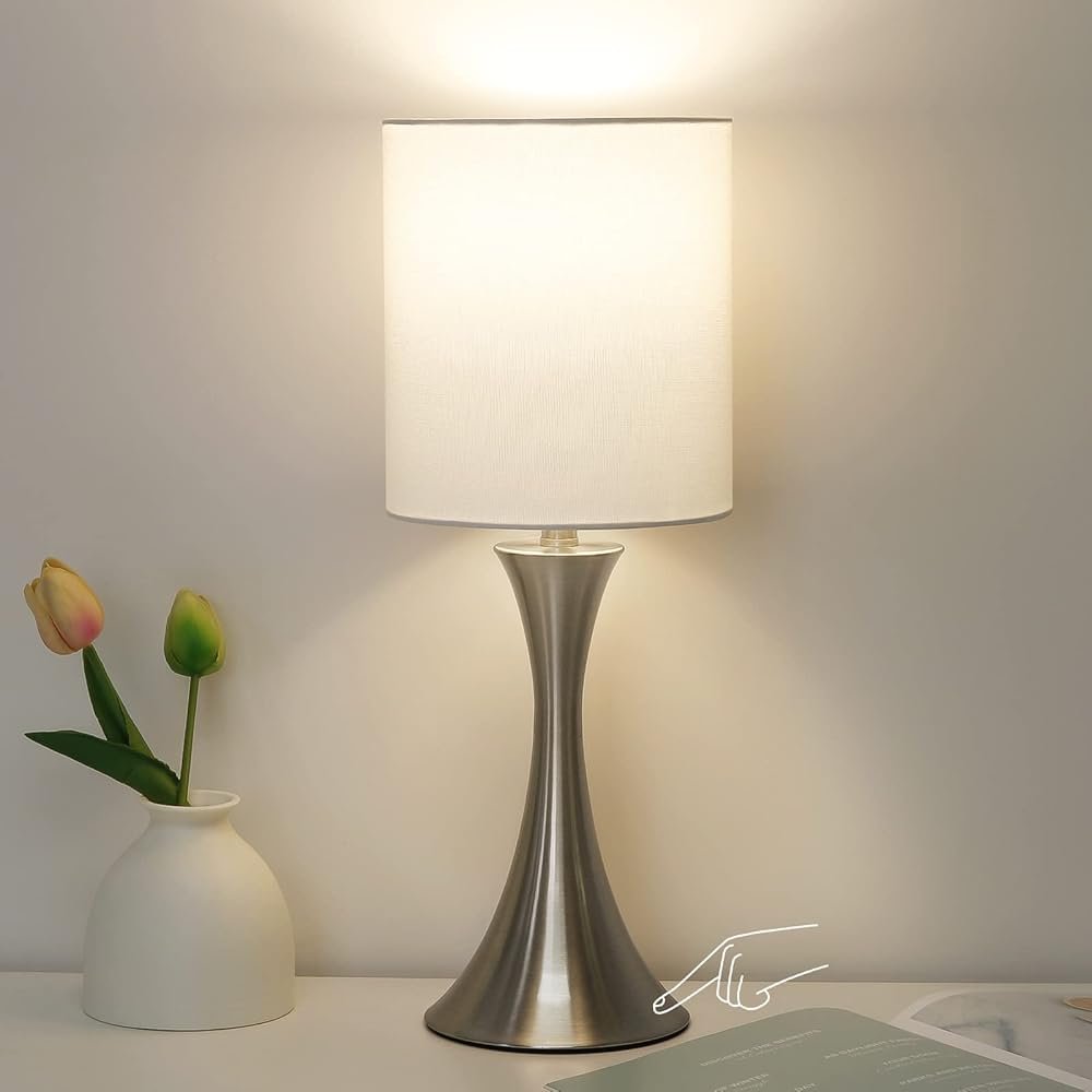 Touch Control Table Lamp, 3-Way Dimmable Bedside Lamp for Living Room, Modern Nightstand Lamp for Bedroom, Silver Table Lamp with White Shade, Desk Lamp for Dorm, Home, Office,...