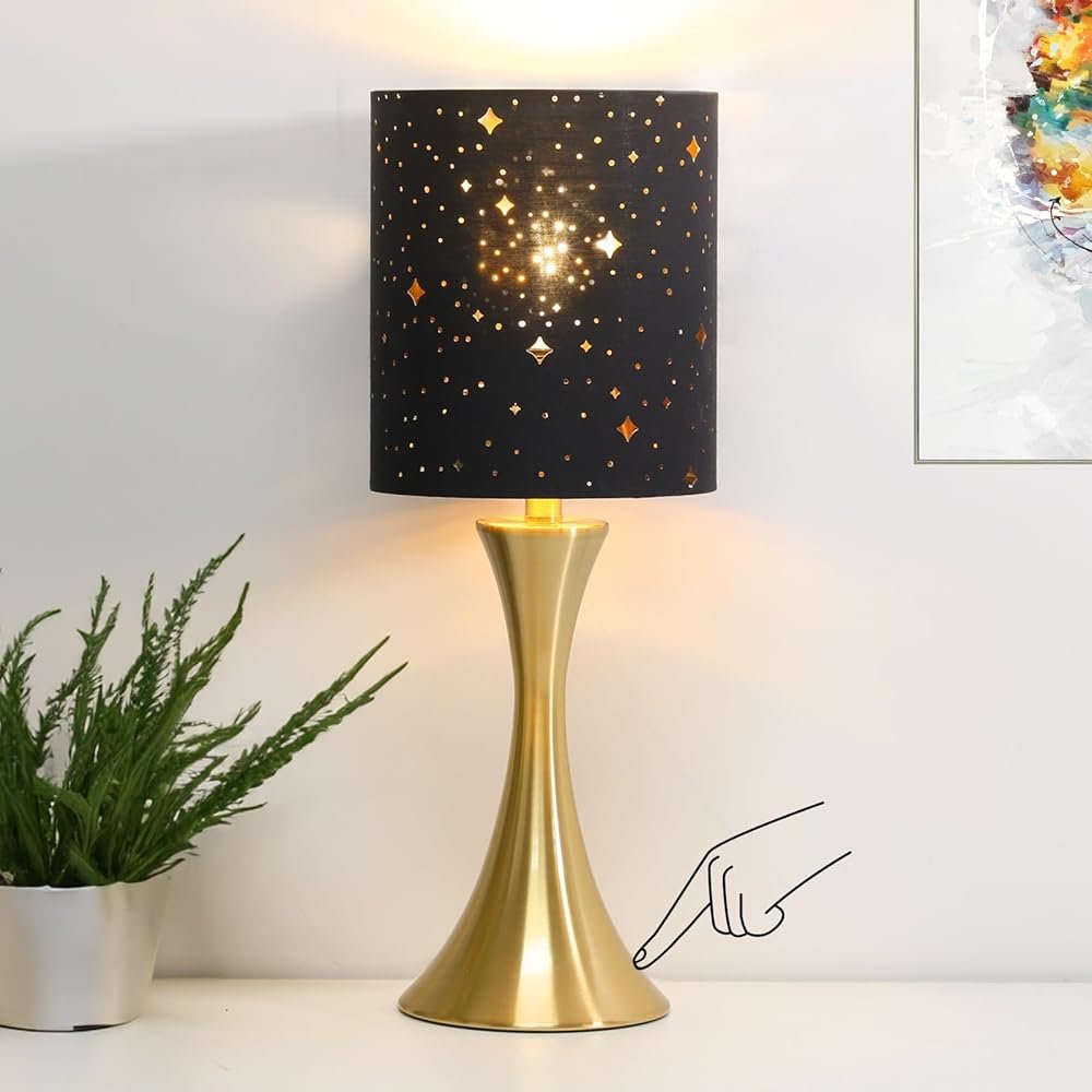 Touch Lamp for Bedroom, 3 Way Dimmable Gold Table Lamp with Black Starry Shade, Decorative Nightstand Lamp Ambient Beside Light for Living Room, Guest Room, Office 3000K LED...