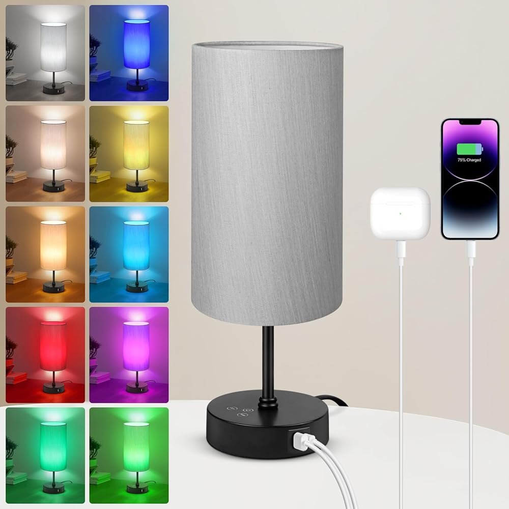 Unicozin Small Table Lamp, 7 RGB & 3 CCT 3000K/4500K/6500K, Stepless Dimmable Bedside Lamp with Grey Shade, Touch Control Ambience Nightstand Light for Living Room Dorm Home...