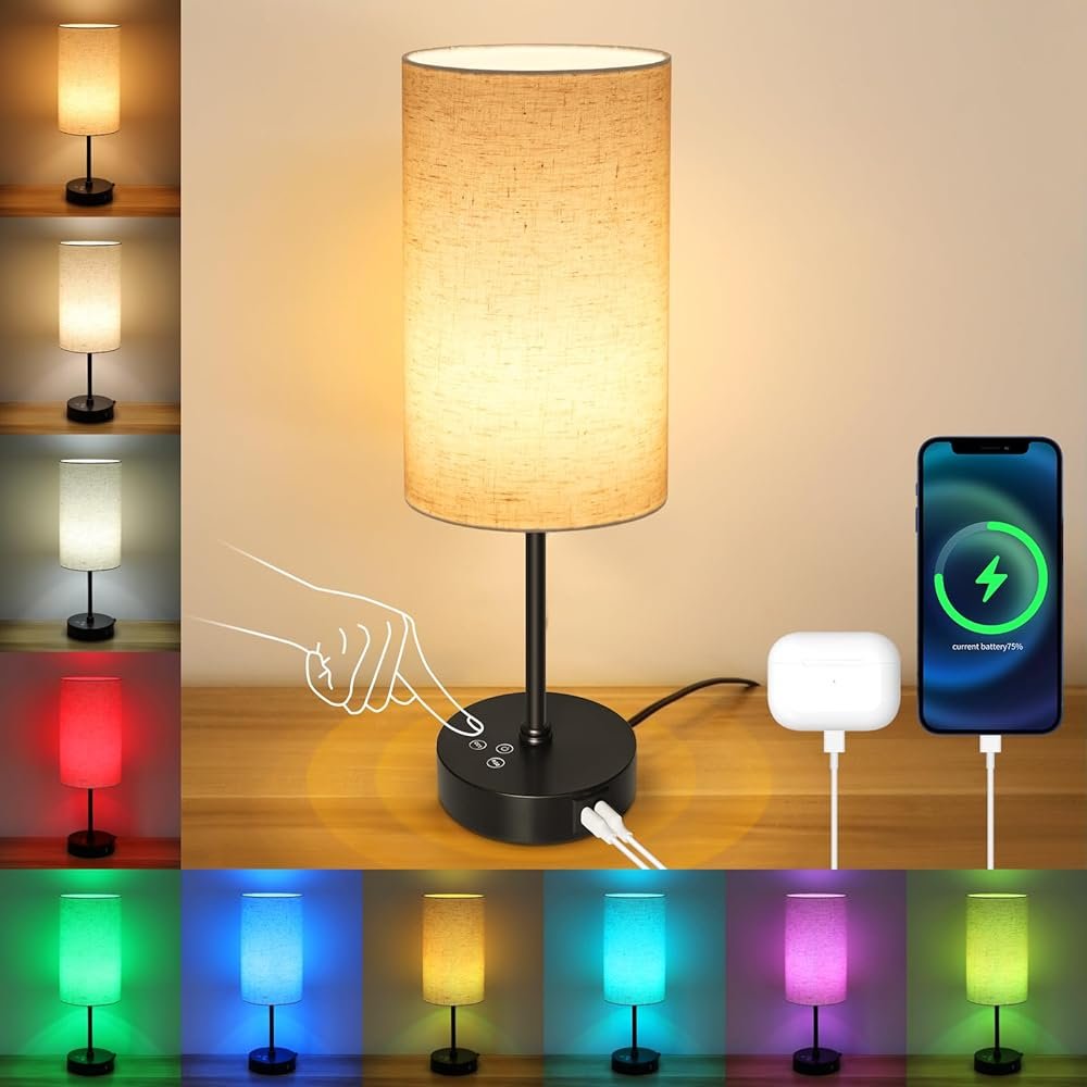 Unicozin Table Lamp, 3 CCT 3000K/4500K/6500K & RGB Color Changing, Stepless Dimmable, 17Inch Bedside Lamp for Reading, Ambience Nightstand Light for Home Decor Party, Beige Shade