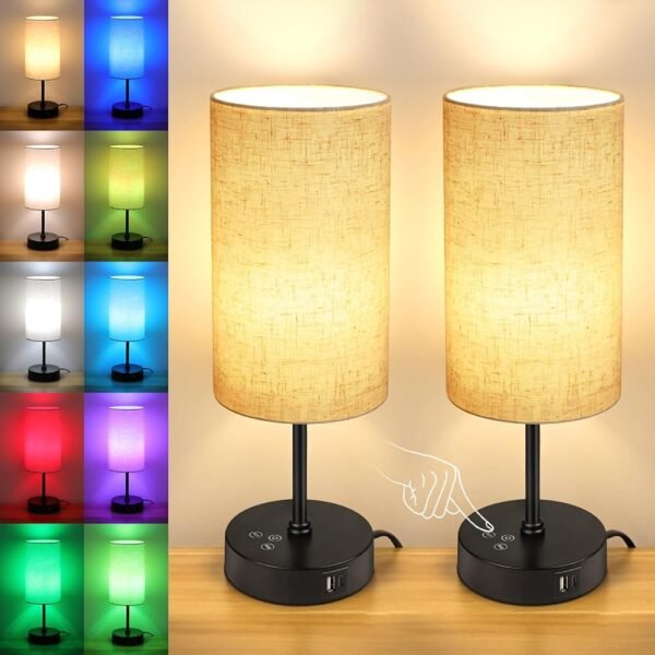 Unicozin Table Lamp Set of 2, 3 CCT 3000K/4500K/6500K & RGB Color Changing, Stepless Dimmable Small Bedside Lamp for Reading, Ambience Nightstand Light for Home Decor Party,...