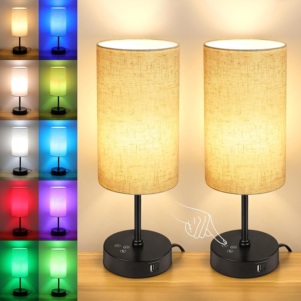 Unicozin Table Lamp Set of 2, 3 CCT 3000K/4500K/6500K & RGB Color Changing, Stepless Dimmable Small Bedside Lamp for Reading, Ambience Nightstand Light for Home Decor Party,...