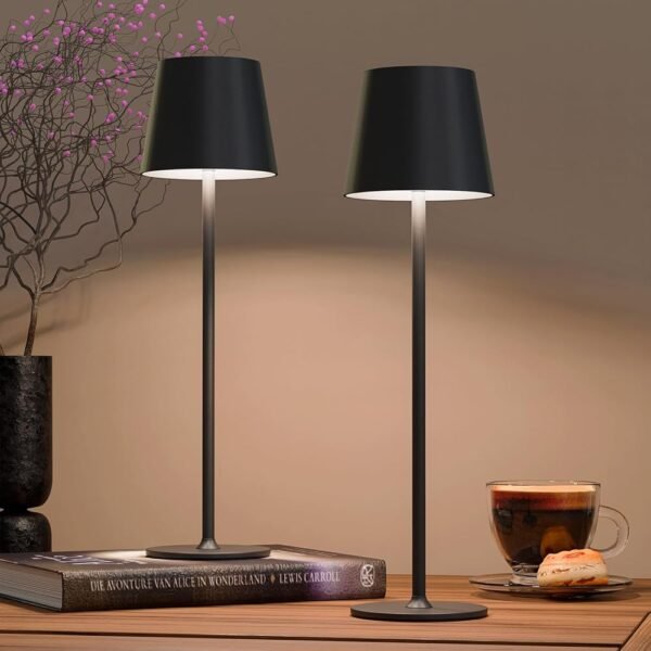 uuffoo 2 Pack Rechargeable Table Lamp Battery Operated Cordless Table Lamps with 3 Colors Stepless Dimming, Desk Night Light for Restaurant, Patio, Bedroom, Bar (Black)