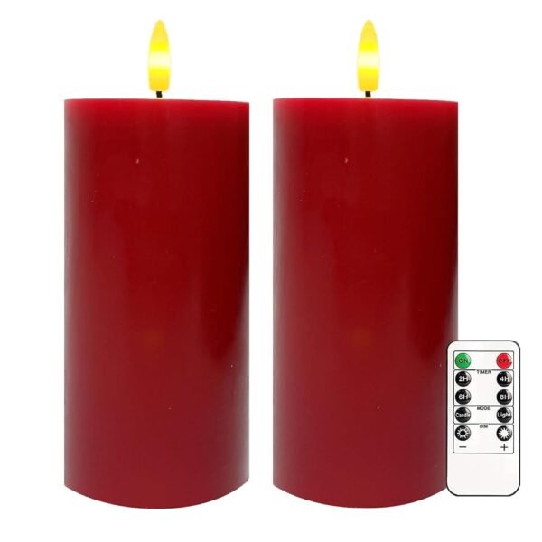 VEEKI Red Flameless Candles, Set of 2 6"x3" Flickering LED Candles with Remote & Timer, Dimmable Real Wax Electric Pillar Candles Battery Operated, Candles Light for Home...