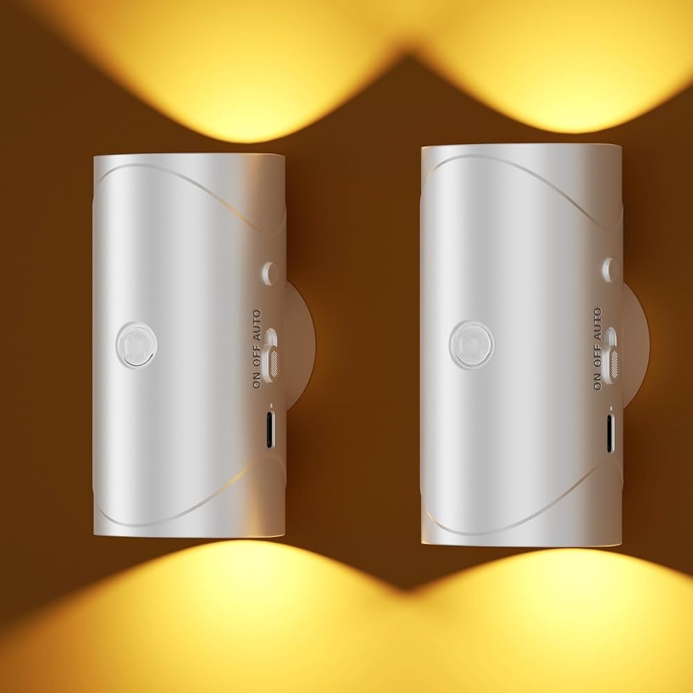 YIKHOM Rechargeable Battery Night Light, Mini Motion and Dusk-to-Dawn Sensors, Adjustable Warm White Brightness, Stick-On for Closet, Stairs, Wall, and Cabinet (2 Pack)